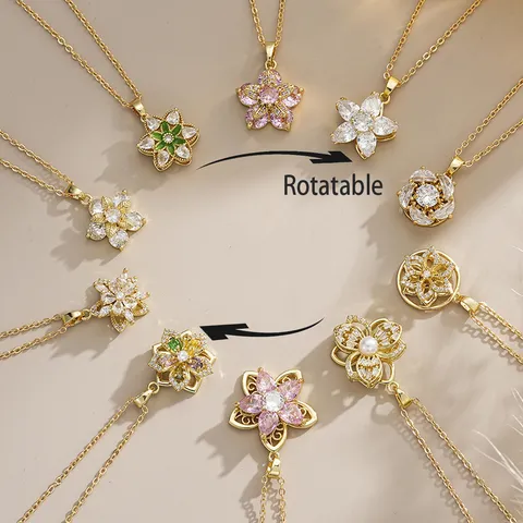 Rotatable Flower Pendant Necklace For Women Copper Zirconia Inlaid Floral Stress Relief Jewelry Gold Plated Necklace
