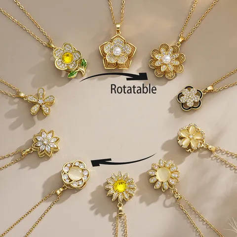 Rotatable Flower Fidget Necklace For Women Gold Plated Copper Zirconia Sunflower Daisy Pendant Necklace Stress Relief Healing Jewelry