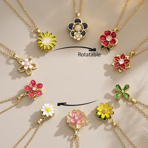 Rotatable Camellia Daisy Zirconia Pendant Necklace For Women Copper Gold Plated Enamel Flower Clavicle Chain Jewelry Gift