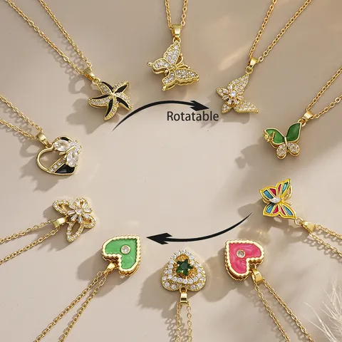 Rotatable Butterfly Pendant Necklace Titanium Steel Enamel Heart Zirconia Charm Sweater Chain Jewelry For Women