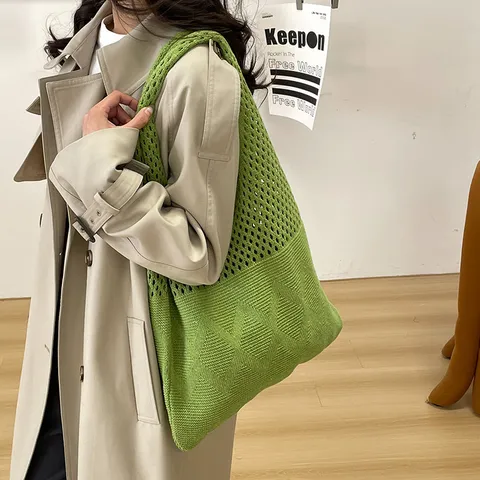 Dames Gebreide Tote Tas Opengewerkte Geweven Katoenen Schoudertas Grote Capaciteit Literaire Casual Luie Stijl Handtas Boho Portemonnee