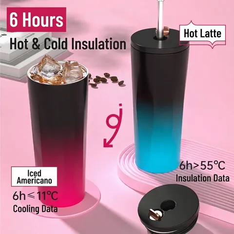 Diamond Gradient Insulated Tumbler 304 Stainless Steel Coffee Cup With Pop-up Straw Large Capacity Cold Heat Insulation Mug