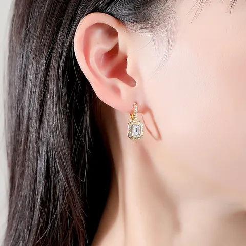 Vintage Emerald Cut Zirconia Halo Hoop Earrings Copper Geometric Earrings For Women Jewelry Gold Silver Rhodium Plated Ear Buckle