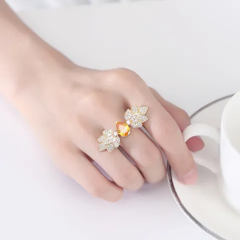 Bague Ouverte Réglable en Cuivre et Zirconia avec Ailes pour Femmes Goutte d'Eau Cristal Jaune Design de Personnalité Bijoux de Bague