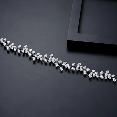 Bridal Wedding Cubic Zirconia Hair Vine Elegant Copper Leaf Headpiece For Women Silver Tone Crystal Prom Party Hair Accessory