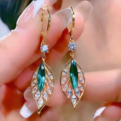 Mode Koreanisch Gold Vergoldet Kupferlegierung Grün Strass Marquise Blatt Anhänger Halskette Ohrringe Schmuck Für Damen