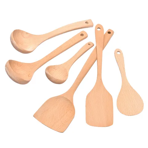 Natural Beech Wood Kitchen Utensils Cooking Spatula Spoon Set Non Stick Heat Resistant Long Handle Wooden Turner Soup Ladle For Home Cooking