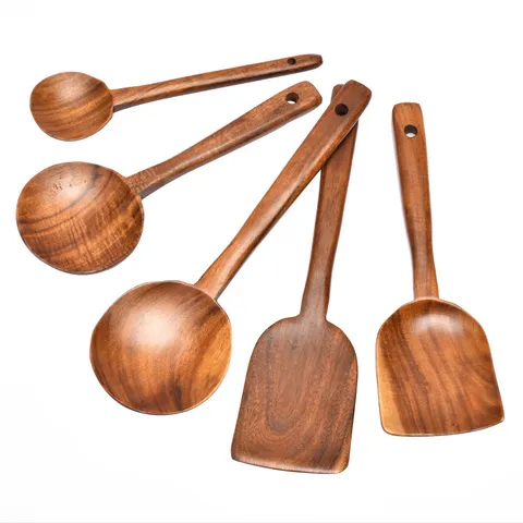 Cuillère de Cuisine en Bois de Teck à Long Manche de Style Coréen Grande Louche à Soupe Spatule Ustensile de Cuisine Antiadhésive