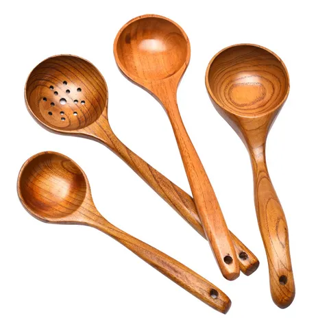Natural Wood Long Handle Soup Spoon Large Wooden Spatula Ladle Non-stick Retro Kitchen Utensils For Restaurant Hotel Home
