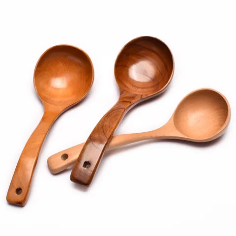 Japanese Natural Wood Long Handle Soup Spoon With Curved Handle Hanging Hole Wooden Serving Spoon For Hot Pot Porridge Hotel Kitchen
