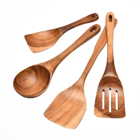 Natural Acacia Wood Cooking Spatula Spoon Set Non-Stick Teak Kitchen Utensils For Stir-Frying Handcrafted Wooden Spreader Rice Paddle Soup Spoon With Hanging Hole