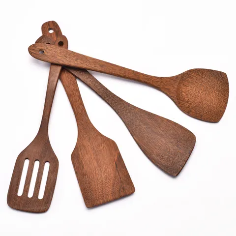 Natural Wood Cooking Spatula Spoon Set Heat Resistant Non-Stick Kitchen Utensils With Long Handle For Home Kitchen Restaurant