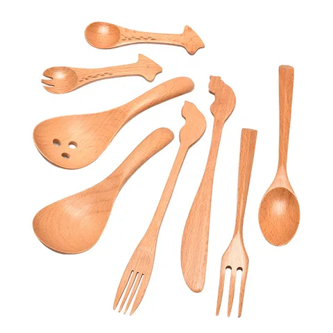 Cute Cartoon Animal Wooden Spoon Fork Tableware Set For Children Kids Natural Wood Dessert Spoon Giraffe Cat Design Kitchen Tools