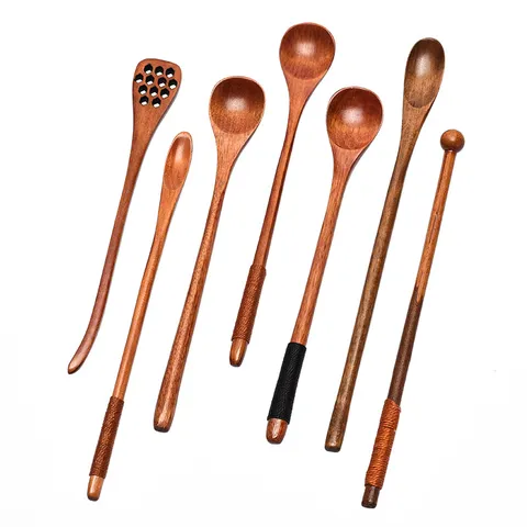 Cuchara de Madera Natural de Mango Largo para Café Miel Té Postre Cuchara de Postre Accesorio de Vajilla Minimalista Envuelto en Hilo