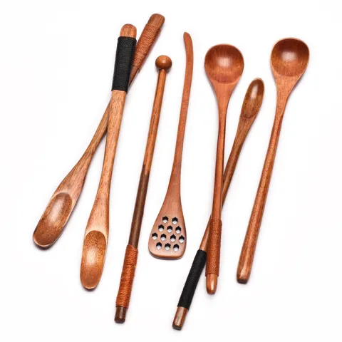 Cuchara de Madera Natural de Mango Largo para Café Miel Té Postre Cuchara de Postre Accesorio de Vajilla Minimalista Envuelto en Hilo