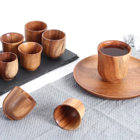 Tazza da Sake in Legno di Acacia in Stile Giapponese Fatta a Mano Tazza da Tè Isolata Vintage in Legno Naturale Tazza da Drink Piccola