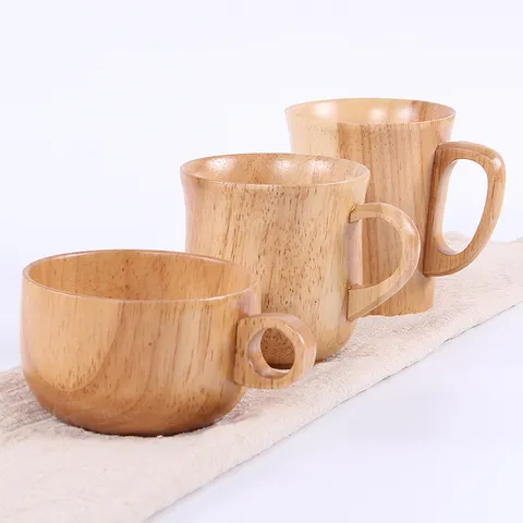 Tasse à Café en Bois Naturel de Style Japonais Mug à Thé en Bois Isolé Avec Poignée Couleur Unie Fait à la Main pour Bureau Maison