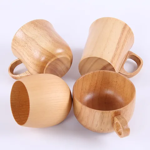 Tasse à Café en Bois Naturel de Style Japonais Mug à Thé en Bois Isolé Avec Poignée Couleur Unie Fait à la Main pour Bureau Maison