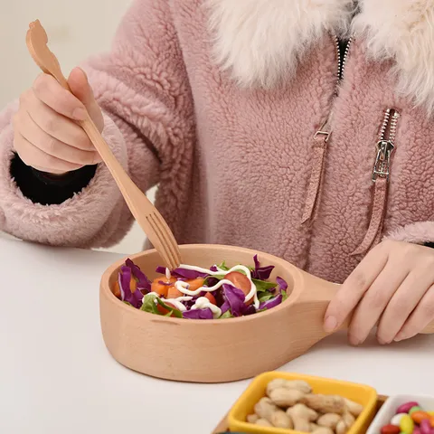 Japanese Style Beech Wood Bowl With Handle Creative Solid Wood Salad Bowl Fruit Breakfast Bowl Natural Wood Grain Kitchen Tableware