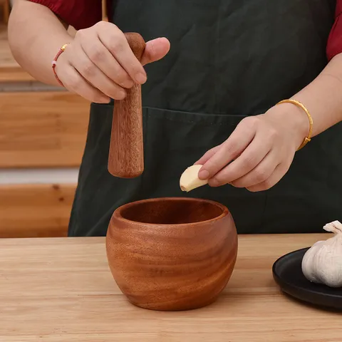 Natural Solid Wood Manual Mortar And Pestle Set For Garlic Ginger Spices Grinding Traditional Kitchen Grinder Tool Hand-Polished Wooden Crusher Jar