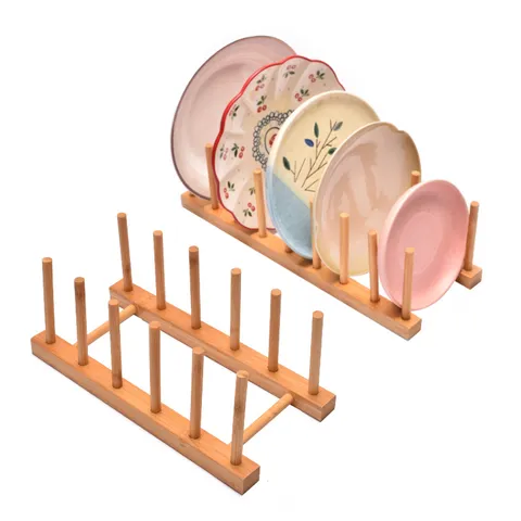 Modern Minimalist Bamboo Dish Drying Rack Creative Plate Tea Cake Display Stand Multi Slot Cup Storage Holder Kitchen Counter Organizer