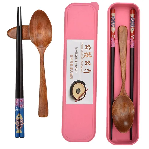 Set di Posate in Legno Portatile Stile Giapponese Cucchiaio E Bacchette Con Scatola di Immagazzinaggio in Paglia di Grano per Studenti Ufficio Viaggi Picnic