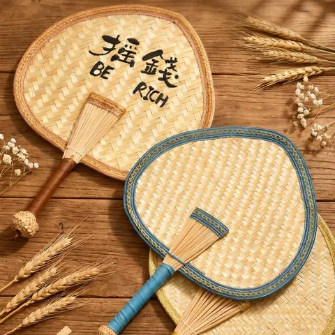 Handmade Woven Wheat Straw Handheld Fan Traditional Oriental Decorative Summer Fan With Embroidery For Home Decor Cooling Gift