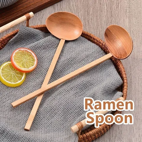 Long Handle Wooden Soup Spoon Large Ramen Spoon For Noodles Porridge Natural Wood Ladle For Home Kitchen Tableware