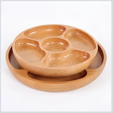 Piatto Frutta Diviso in Legno di Faggio Stile Giapponese 5 Scomparti Vassoio per Snack Piatto da Portata Rotondo per Casa