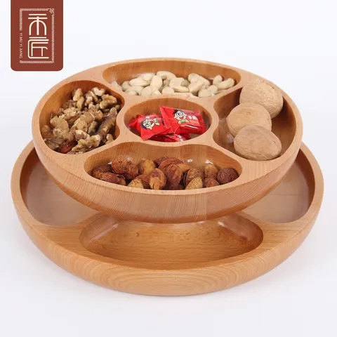 Piatto Frutta Diviso in Legno di Faggio Stile Giapponese 5 Scomparti Vassoio per Snack Piatto da Portata Rotondo per Casa
