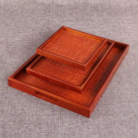 Plateau de Service en Bois de Style Japonais en Rotin Tressé Rectangulaire Carré Décoratif pour Thé Fruits Dessert Maison Hôtel