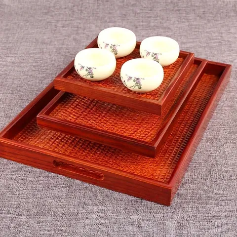 Plateau de Service en Bois de Style Japonais en Rotin Tressé Rectangulaire Carré Décoratif pour Thé Fruits Dessert Maison Hôtel