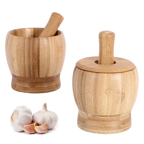 Natural Bamboo Mortar And Pestle Set For Garlic Ginger Spices Grinding Manual Food Crusher With Lid Kitchen Cooking Tools
