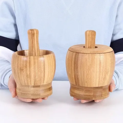 Natural Bamboo Mortar And Pestle Set For Garlic Ginger Spices Grinding Manual Food Crusher With Lid Kitchen Cooking Tools