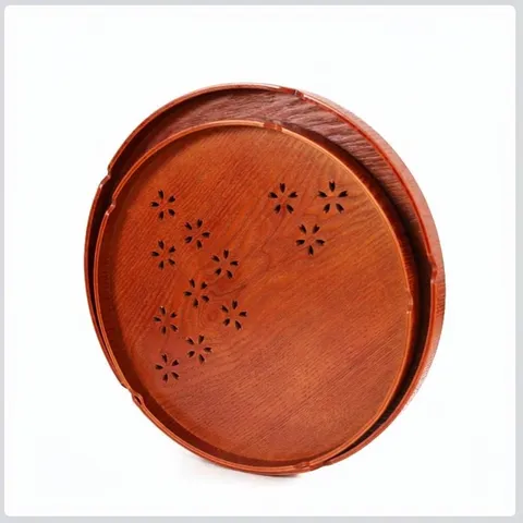 Vassoio in Legno Rotondo Giapponese Con Fiori di Ciliegio Intagliati per Casa Hotel Tè Frutta Snack Piatto Decorativo