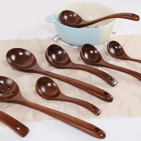 Japanese Long Handle Wooden Soup Spoon Natural Wenge Wood Porridge Hot Pot Ladle With Hanging Hole Kitchen Dinnerware For Home Hotel Use