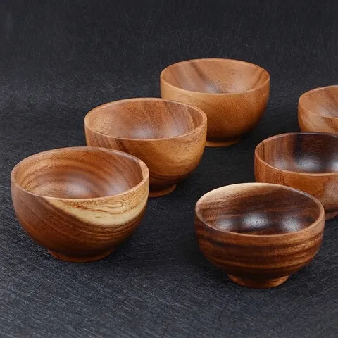 Bol en Bois d'Acacia Style Japonais Grain Naturel Bol à Riz Soupe Salade Pour Adultes Enfants Vaisselle en Bois Artisanale