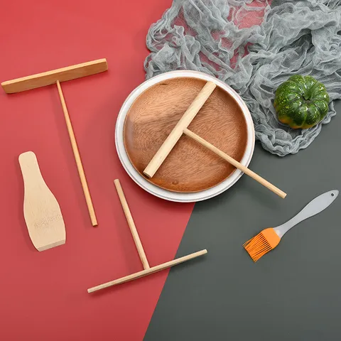 Bamboo Crepe Spreader and Spatula Set with Silicone Oil Brush Household Pancake Making Tool Kit for Kitchen Bakeware