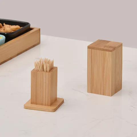 Porte-cure-dents Créatif en Bois de Bambou Boîte de Distributeur de Cure-dents à Grain de Bois Naturel pour Décoration de Table Maison Hôtel Restaurant