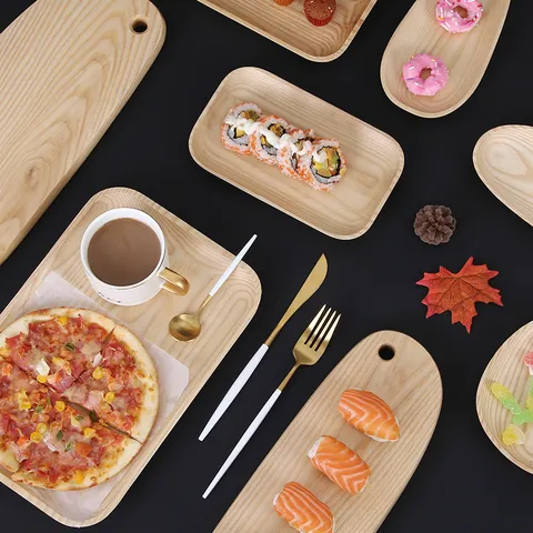 Bandeja de Servicio de Madera de Fresno Artesanal Veta Natural Minimalista Rectangular Forma de Guijarro para Fruta Dulce Hogar