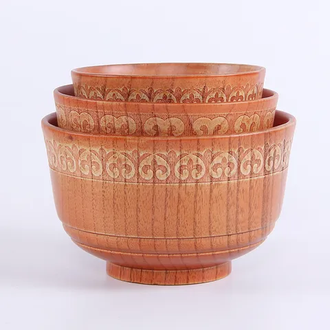 Bol en Bois de Style Japonais Bol à Riz en Bois Naturel Motif Ethnique Sculpté à la Main Vaisselle Vintage pour la Maison