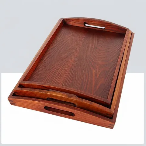 Bandeja Rectangular de Madera Para Servir Con Asas Acabado Nogal Bandeja de Té Para Hotel Restaurante Cocina Plato Decorativo