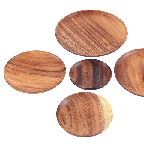 Plato de Servicio Redondo de Madera de Acacia Estilo Japonés Minimalista Bandeja para Postres y Aperitivos Grano de Madera Natural Vajilla para Hogar y Hotel