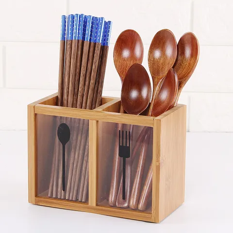 Natural Bamboo Kitchen Utensil Holder Multi-Grid Cutlery Caddy Countertop Tableware Storage Box With Drain Holes Organizer For Spoons Chopsticks