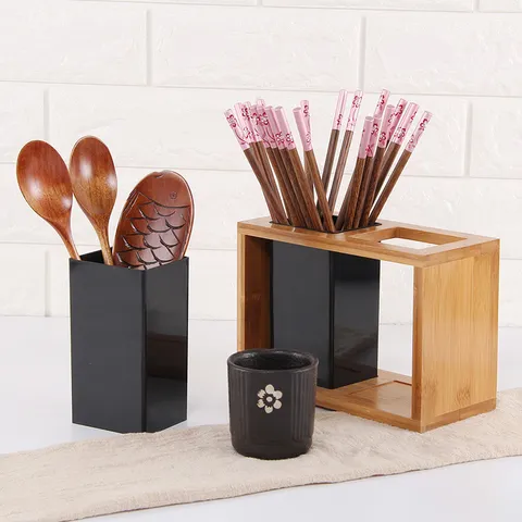 Natural Bamboo Kitchen Utensil Holder Multi-Grid Cutlery Caddy Countertop Tableware Storage Box With Drain Holes Organizer For Spoons Chopsticks