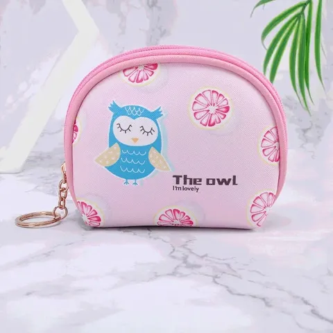 Mini Schattige Uil Print Roze PU Lederen Portemonnee Draagbare Oortelefoon Opbergtas Met Sleutelhanger Voor Kinderen Meisjes