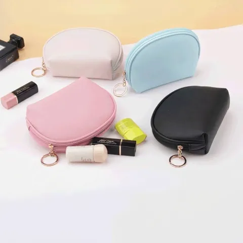 Ins Style Semi Circular Makeup Bag Waterproof PU Leather Cosmetic Storage Bag For Women Portable Lipstick Case Shell Toiletry Pouch
