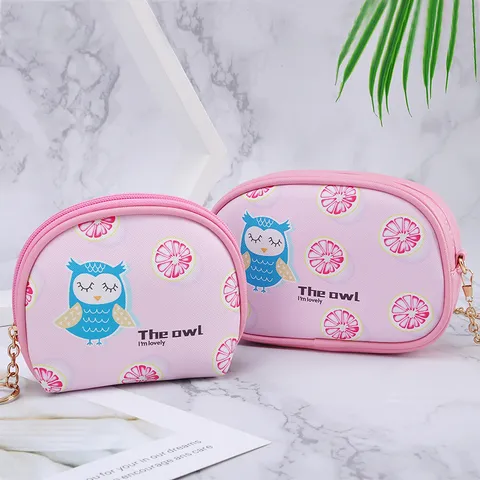 Mini Schattige Uil Print Roze PU Lederen Portemonnee Draagbare Oortelefoon Opbergtas Met Sleutelhanger Voor Kinderen Meisjes
