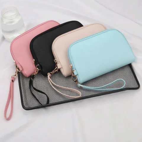 Waterdichte PU Leren Make-up Tas Voor Vrouwen Saffiano Patroon Kleine Cosmetische Pouch Met Polsbandje Gouden Rits