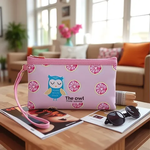 Draagbare Roze PU-leren Make-uptas Met Schattige Uil Fruitprint Rits Cosmetische Opbergtas Waterdicht Reistoilettas